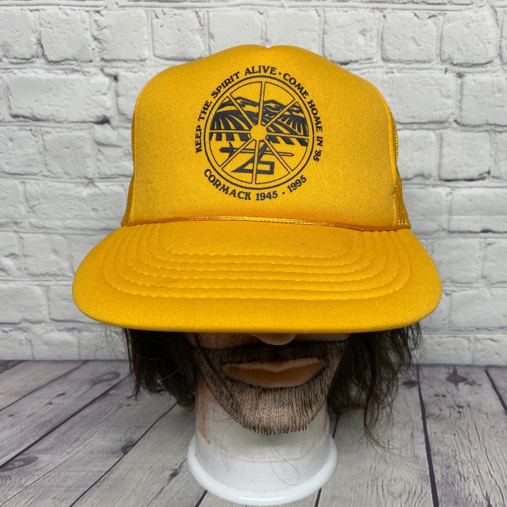 Vintage Trucker Hat Mesh 90s Cap Yellow Cormack NFLD 1945-1995 Come Home in '95